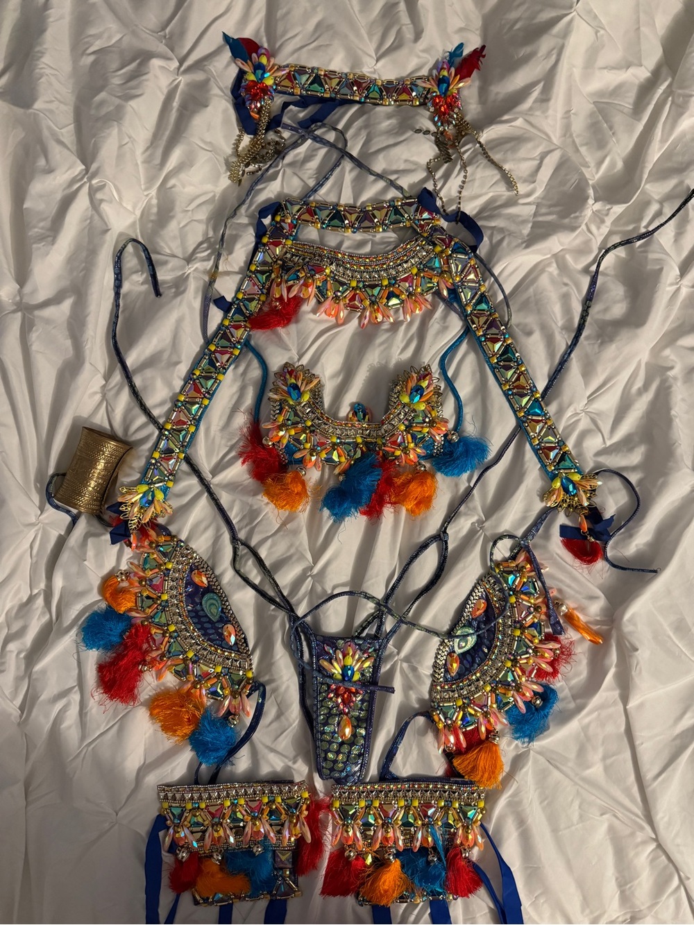 Blue Jewelled Orange Gem Embellished Crystal Carnival Costume Festival Tassels - Picture 6 of 9